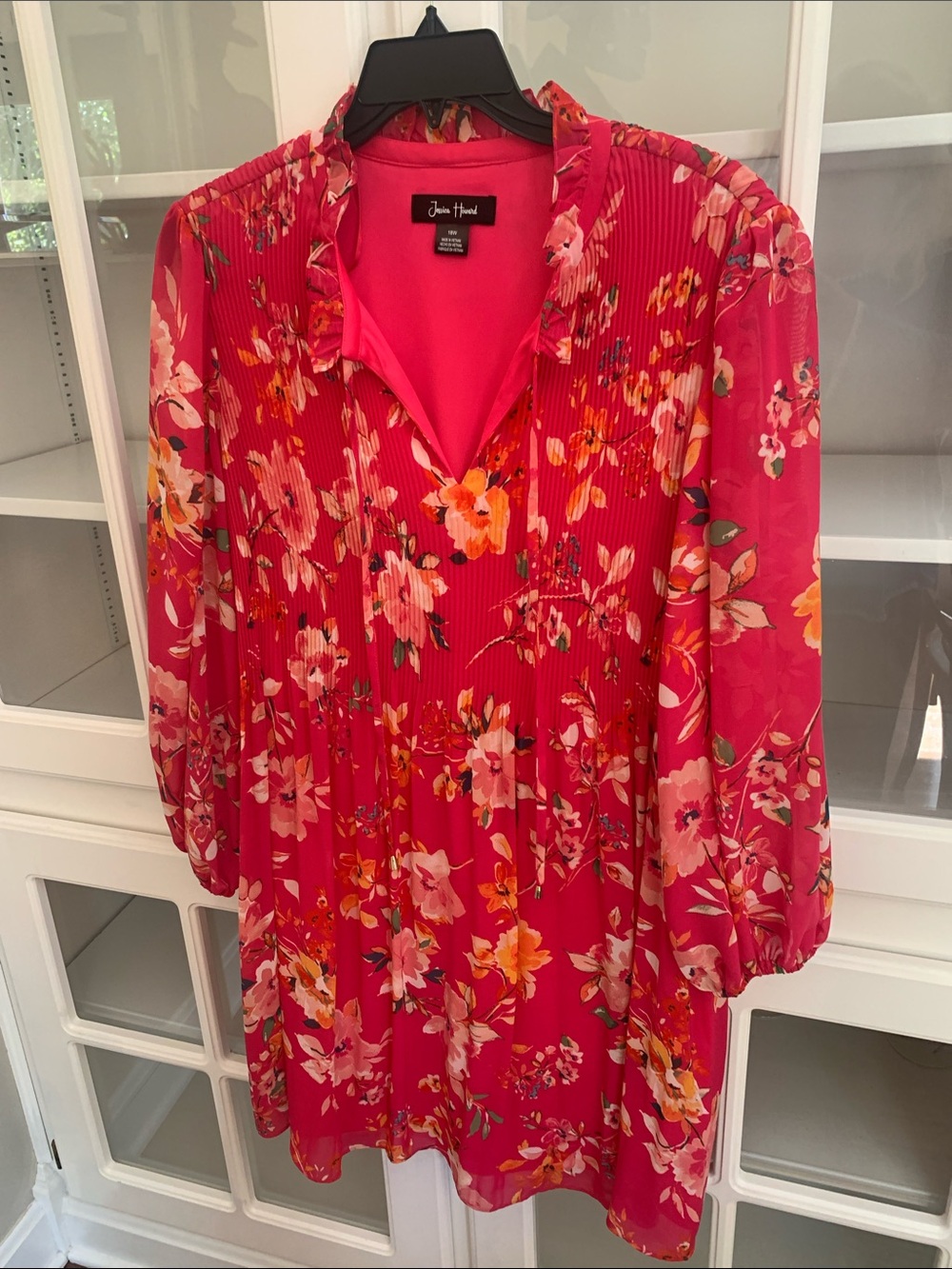 Jessica Howard Hot Pink Floral Pleated Long Sleeve Dress
